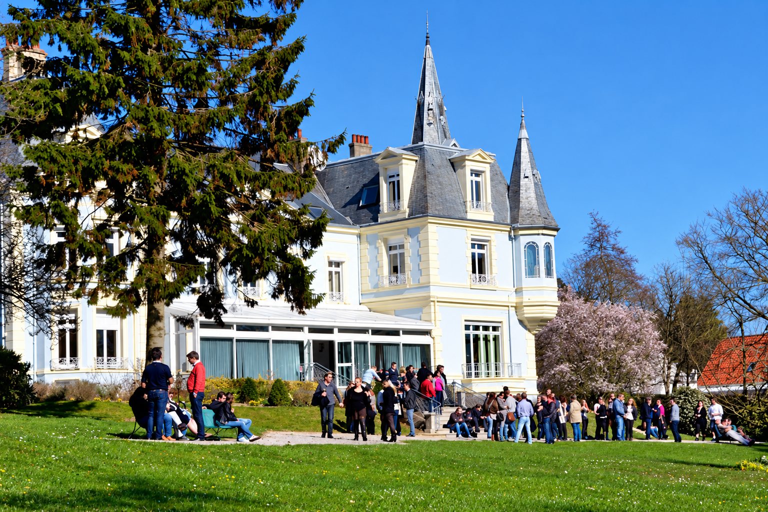 Un groupe de personnes se rassemble sur la pelouse devant un élégant château blanc et jaune à tourelles, sous un ciel bleu au printemps.